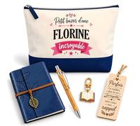 Coffret Pochette Petit Bazar d'une Florine Incroyable | Pochette Coton, Carnet Similicuir, Stylo Bambou, Marque-Page Bois, Porte-Clés Livre | 5 Pièces | Cadeau Femme Anniversaire Fête Noël Original