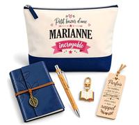 Coffret Pochette Petit Bazar d'une Marianne Incroyable | Pochette Coton, Carnet Similicuir, Stylo Bambou, Marque-Page Bois, Porte-Clés Livre | 5 Pièces | Cadeau Femme Anniversaire Fête Noël Original