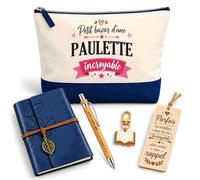 Coffret Pochette Petit Bazar d'une Paulette Incroyable | Pochette Coton, Carnet Similicuir, Stylo Bambou, Marque-Page Bois, Porte-Clés Livre | 5 Pièces | Cadeau Femme Anniversaire Fête Noël Original