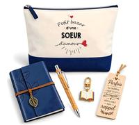 Coffret Pochette Petit Bazar d'une Soeur d'amour | Pochette Coton, Carnet Similicuir, Stylo Bambou, Marque-Page Bois, Porte-Clés Livre | 5 Pièces | Cadeau Anniversaire Noël