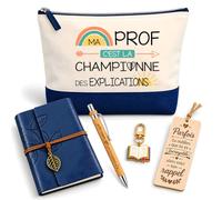 Coffret Pochette Prof Explication | Pochette Coton, Carnet Similicuir, Stylo Bambou, Marque-Page Bois, Porte-Clés Livre | 5 Pièces | Cadeau Fin d'Année École Remerciement