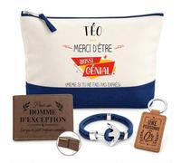 Coffret Pochette Téo Génial sans Faire Exprès | Pochette Coton 5 L, Portefeuille Gravé, Porte-Clés, Bracelet Ancre | 4 Pièces | Cadeau Homme Anniversaire Fête Noël Original