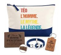 Coffret Pochette Téo Mythe Légende | Pochette Coton 5 L, Portefeuille Gravé, Porte-Clés, Bracelet Ancre | 4 Pièces | Cadeau Homme Anniversaire Fête Noël Original