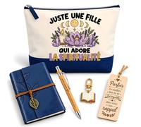 Coffret Pochette Une Fille Qui Adore la Spiritualité | Pochette Coton, Carnet Similicuir, Stylo Bambou, Marque-Page Bois, Porte-Clés Livre | 5 Pièces | Cadeau Femme Passionné Humour Original
