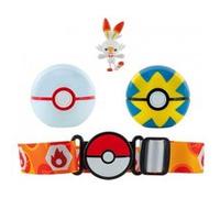 Coffret pokemon : ceinture du dresseur avec premier ball et rapide ball et figurine flambino - pokeball - set garçon + 1 carte animaux