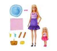 Coffret poupée Mannequin pour Barbie Blonde et Chelsea déjeunent dans la Prairie avec 7 Accessoires - Jouet Fille et Carte Animal