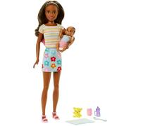 Coffret poupée Skipper - Barbie - Baby-Sitter - 7 accessoires - Figurine de bébé - Marron