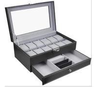 Coffret pour 12 montres, en similicuir, avec tiroir, fenêtre transparente et coussins moelleux, étanche, pour bijoux et Étiquette