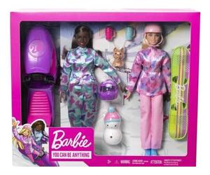 Coffret pour Barbie motoneige + Snowboard+ 2 poupées Mannequin + 6 Accessoires - Set Sport d'hivers Jouet Fille avec Carte Animal