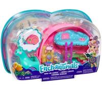 Coffret pour enchantimals : Camping Car Escargot + poupée et Accessoires - Figurine 4 cm - Set Mini poupée avec Carte Tigre