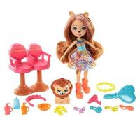 Coffret pour enchantimals poupée Lacey Lion et manesy la lionne : Salon de Coiffure - Figurine 15cm avec Animal - Set Mini-poupée avec Carte Animal