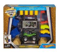 Coffret pour Hot Wheels Monster Jam : Mallette Grand Stade avec Un vehicule Grave Digger + Accessoires - Set Voiture + Carte Tigre