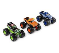 Coffret pour Monster Jam : 3 véhicules el Toro Loco Blue Thunder Grave Digger - Set Voiture Miniature Bleue et Orange Noir et Carte