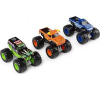Coffret pour Monster Jam : 3 véhicules el Toro Loco Blue Thunder Grave Digger - Set Voiture Miniature Bleue et Orange Noir avec Carte