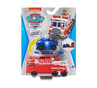Coffret pour Pat Patrouille véhicule en métal : Le Camion Pompier Marcus 13 cm + Voiture Police Chase 7 cm - Set Miniature Rouge + Carte - Bleu