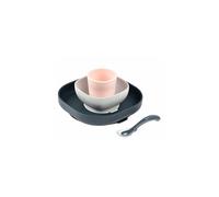 BÉABA, Set Vaisselle Silicone Repas Bébé, Avec Ventouse, Anti-dérapant, 4 Pièces, Assiette + Bol+ Verre + Cuillère, Silicone Saine et Durable, Compatible lave-vaisselle, Micro-onde, Night Blue