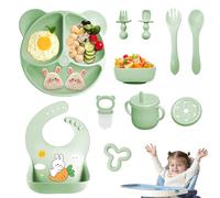 Coffret Repas Bebe 11 pièces, Vaisselle Antiderapant pour Bébé Set Silicone avec Ventouse Assiette Bol Fourche Cuillère Bavoir et Tasse, Enfant Set Couverts Vaisselle Pour Sevrage Manger (Vert foncé)