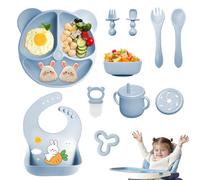 Coffret Repas Bebe 11 pièces, Vaisselle Antiderapant pour Bébé Set Silicone avec Ventouse Assiette Bol Fourche Cuillère Bavoir et Tasse, Enfant Set Couverts Vaisselle Pour Sevrage Manger (Bleu)