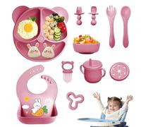 Coffret Repas Bebe 11 pièces, Vaisselle Antiderapant pour Bébé Set Silicone avec Ventouse Assiette Bol Fourche Cuillère Bavoir et Tasse, Enfant Set Couverts Vaisselle Pour Sevrage Manger (Rose foncé)