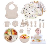 Coffret Repas Bebe 14 pièces, Vaisselle Antiderapant pour Bébé Set Silicone avec Ventouse Assiette Bol Fourche Cuillère Bavoir et Tasse, Enfant Set Couverts Vaisselle Pour Sevrage Manger (Beige)