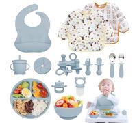 Coffret Repas Bebe 14 pièces, Vaisselle Antiderapant pour Bébé Set Silicone avec Ventouse Assiette Bol Fourche Cuillère Bavoir et Tasse, Enfant Set Couverts Vaisselle Pour Sevrage Manger (Bleu)