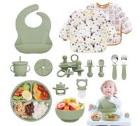 Coffret Repas Bebe 14 pièces, Vaisselle Antiderapant pour Bébé Set Silicone avec Ventouse Assiette Bol Fourche Cuillère Bavoir et Tasse, Enfant Set Couverts Vaisselle Pour Sevrage Manger (Vert)