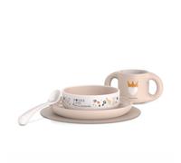 Suavinex, Set Vaisselle Bébé. Coffret Repas Enfant, 5 pièces. Comprend : Assiette + Bol + Tasse + Cuillère + Nappe Antidérapante. 6+ Mois. Durable, Apte pour le lave-vaisselle, Micro-onde. Rose