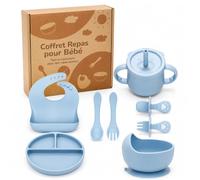 Coffret Repas Bébé 8 Pièces - Bol Ventouse + Assiette + Tasse à Paille + Bavoir + Couverts - Dès 6 Mois - Idée Cadeau Naissance
