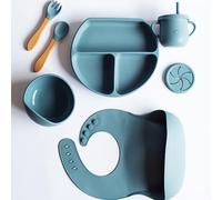 coffret repas bebe, assiette compartiment ventouse pour bébé, bavoirs bebe silicone, cuillere et fourchette bebe 1er age, couvert bebe, cadeau naissance garcon fille (Bleu)