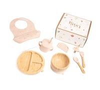Coffret Repas Bébé en Bambou et Silicone Sans BPA - Set de table bébé - Complet avec Bavoir, Couverts, Bol Ventouse, Sucette, Anneau de Dentition - Idéal Cadeau (Rose)