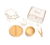 Coffret Repas Bébé en Bambou et Silicone Sans BPA - Set de table bébé - Complet avec Bavoir, Couverts, Bol Ventouse, Sucette, Anneau de Dentition - Idéal Cadeau (Blanc)