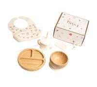 Coffret Repas Bébé en Bambou et Silicone Sans BPA - Set de table bébé - Complet avec Bavoir, Couverts, Bol Ventouse, Sucette, Anneau de Dentition - Idéal Cadeau (Beige)