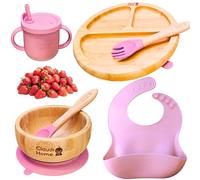 Coffret repas bebe en Bambou Naturel et Silicone Sans BPA - Vaisselle bebe - Bol et Assiette Bambou Antibactérien avec ventouse, Bavoir, Fourchette, Cuillère et Tasse Silicone alimentaire. Rose