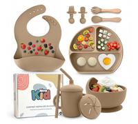 Coffret Repas Bebe en Silicone - Idée Cadeau Naissance Premium, Set Vaisselle 1er Age Complet avec Assiette Ventouse, Cuillère, Bavoir & Tasse - Sans BPA, DME Bébé, Fille & Garçon - Beige