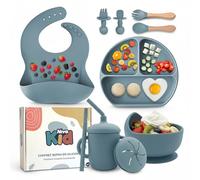 Coffret Repas Bebe en Silicone, Set Vaisselle 1er Age Complet, Idée Cadeau Naissance Bébé sans BPA avec Cuillère, Bavoir, Tasse et Assiette Bebe Ventouse Fille et Garcon, dme Bebe - Bleu