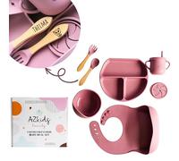 coffret repas bebe personnalisé, assiette compartiment ventouse pour bébé, bavoirs bebe silicone, cuillere et fourchette personnalisable, couvert bebe, cadeau naissance garcon fille (ROSE)