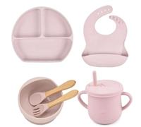 coffret repas bebe personnalisé, assiette compartiment ventouse pour bébé, bavoirs bebe silicone, cuillere et fourchette personnalisable, couvert bebe, cadeau naissance garcon fille (Rose clair)