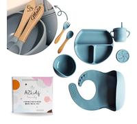 coffret repas bebe personnalisé, assiette compartiment ventouse pour bébé, bavoirs bebe silicone, cuillere et fourchette personnalisable, couvert bebe, cadeau naissance garcon fille (BLEU)