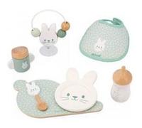 Coffret Repas et Jouet 7 accessoires pour poupon et poupee - Bois et tissu, Collection Lapin Zen - Set Jeu imitation fille et carte