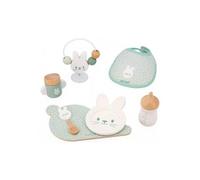 Coffret Repas et Jouet 7 accessoires pour poupon et poupee - Bois et tissu, Collection Lapin Zen - Set Jeu imitation fille et carte
