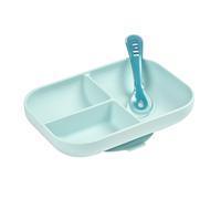 Béaba Set repas bébé Assiette silicone compartimentée + cuillère, ventouse antidérapante, bleu