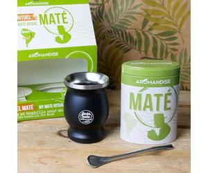 Coffret Rituel Maté, Calebasse et Bombilla - Aromandise - Boîte métal Maté vert bio du Brésil 100g