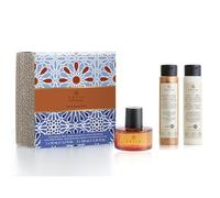 Coffret Rituel Parfumé Éclatant Prija incluant Parfum Jus Ambre, Crème pour les Mains et le Corps et Mousse de Bain Revitalisante, Coffret Bien-Être Rafraîchissant et Revitalisant
