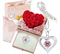 Coffret Rose Eternelle avec Bijoux,Cadeau Fleur Rose Conservée à la Main,Coffret Rose Eternelle avec Collier Gravure,La Saint-Valentin,Fête des mères,Cadeau Femme pour Elle la Noël (Carré-Rose)