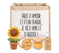Coffret Sac Jute Je Vis d'Amis et d'Alcool | Sac Cabas Jute 21 L, Bougie Cire d'Abeille, Miroir de Poche, Porte-Clés, Fleur en Crochet | 5 Pièces | Cadeau Saint-Valentin Anniversaire Couple Noël