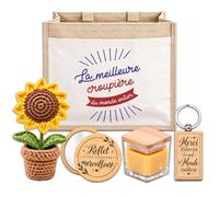 Coffret Sac Jute Meilleure Croupière du Monde | Cabas 21 L, Bougie Cire d'Abeille, Miroir de Poche, Porte-Clés, Fleur en Crochet | 5 Pièces | Cadeau Collègue Femme Départ Retraite Remerciement