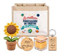 Coffret Sac Jute Meilleure Professeure de Théâtre Univers | Cabas 21 L, Bougie Cire d'Abeille, Miroir de Poche, Porte-Clés, Fleur en Crochet | 5 Pièces | Cadeau Fin d'Année École Remerciement