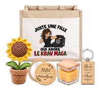 Coffret Sac Jute Une Fille qui Adore le Krav-Maga | Cabas 21 L, Bougie Cire d'Abeille, Miroir de Poche, Porte-Clés, Fleur en Crochet | 5 Pièces | Cadeau Femme Passionné Humour Original Anniversaire