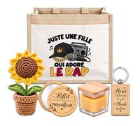 Coffret Sac Jute Une Fille qui Adore le Rap | Cabas 21 L, Bougie Cire d'Abeille, Miroir de Poche, Porte-Clés, Fleur en Crochet | 5 Pièces | Cadeau Femme Passionné Humour Original Anniversaire