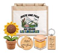 Coffret Sac Jute Une Fille qui Adore les Libellules | Cabas 21 L, Bougie Cire d'Abeille, Miroir de Poche, Porte-Clés, Fleur en Crochet | 5 Pièces | Cadeau Femme Passionné Humour Original Anniversaire